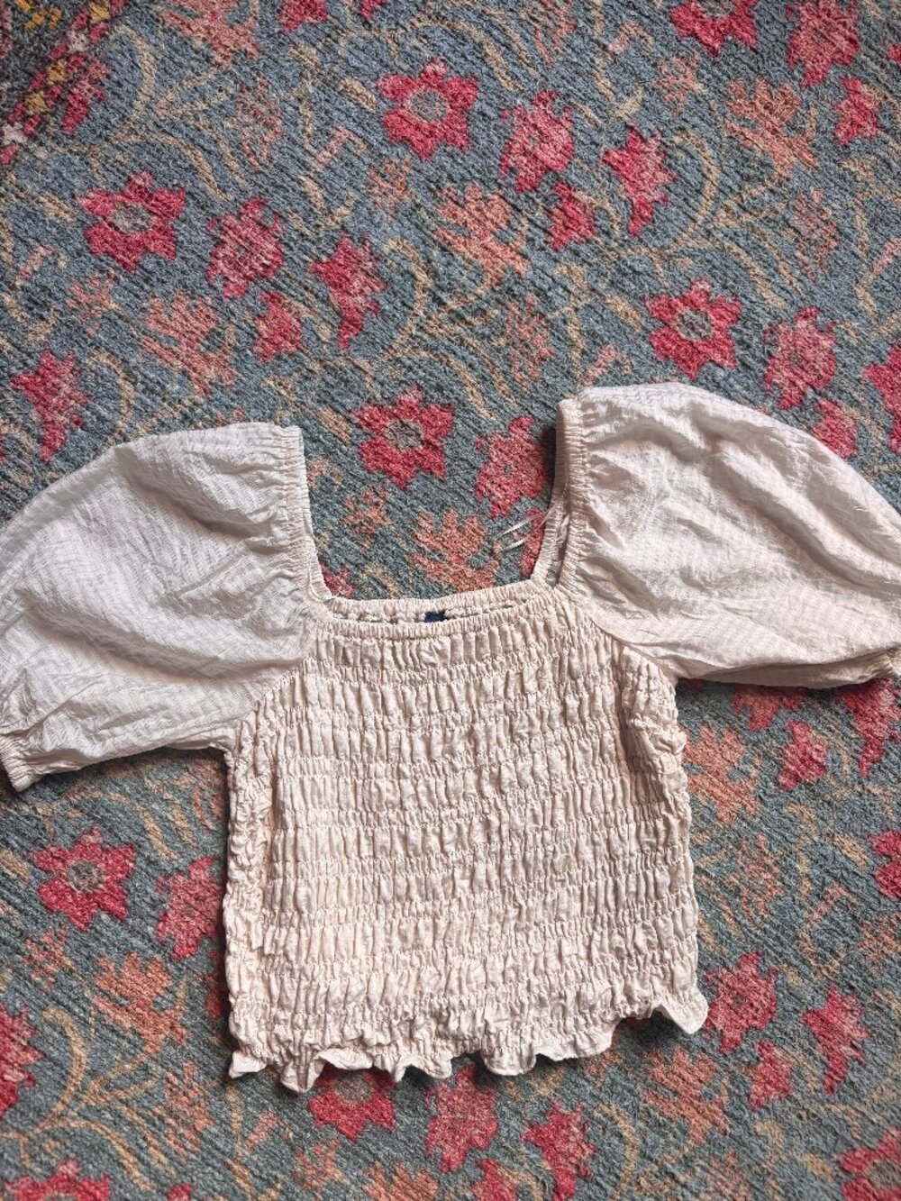 Cream smocked puff sleeve square neck top